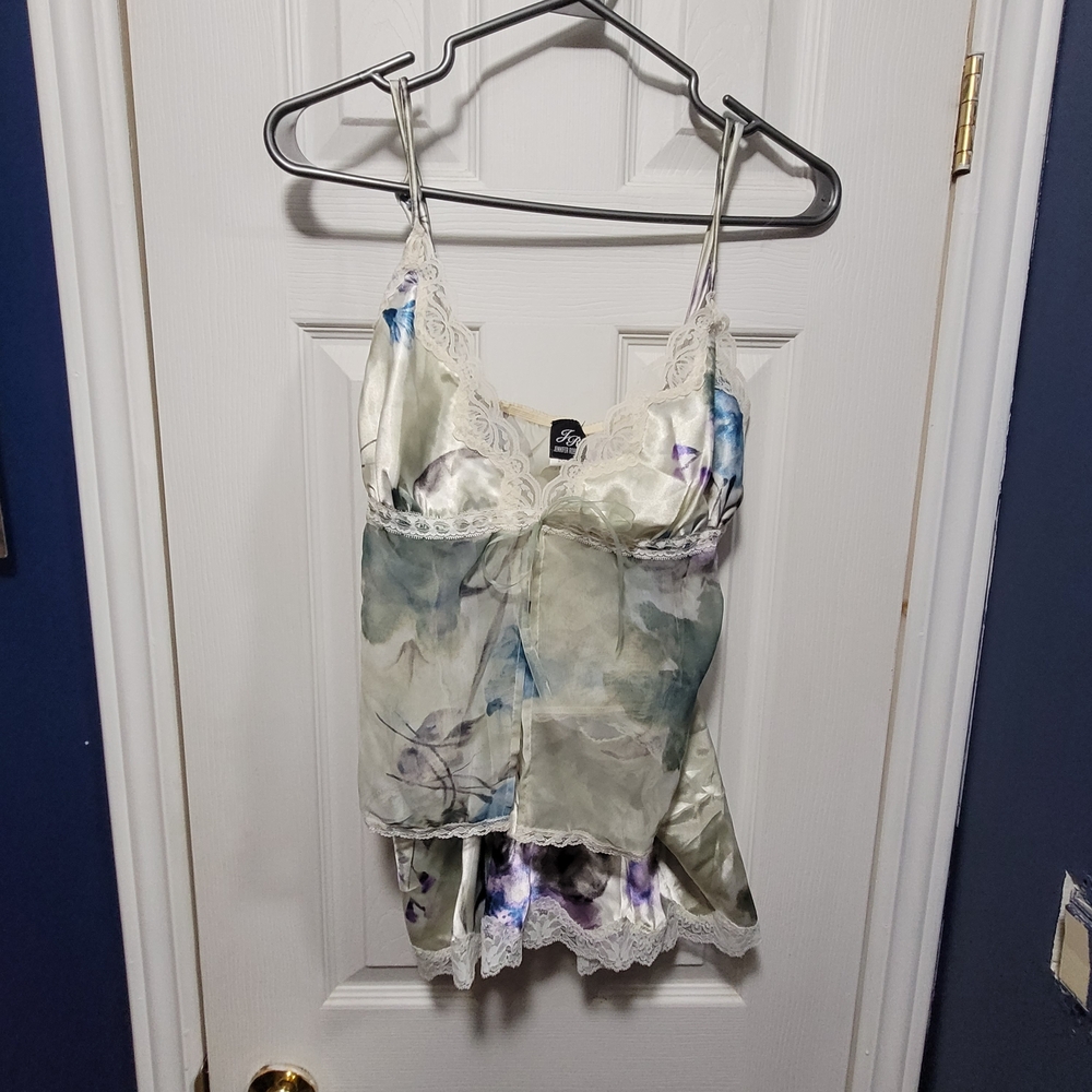 Floral Satin Camisole with Lace Trim